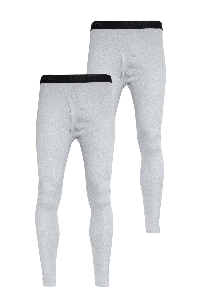 Grå lang underbukser med en sort elastisk talje, der har "DOVRE" logo, lavet af et blødt, strækbart stof med en glat struktur.
