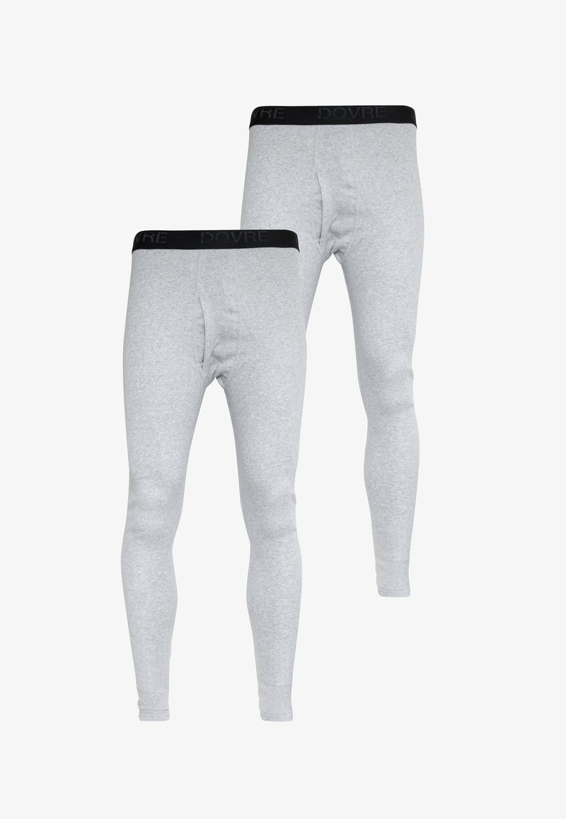 Grå lang underbukser med en sort elastisk talje, der har "DOVRE" logo, lavet af et blødt, strækbart stof med en glat struktur.