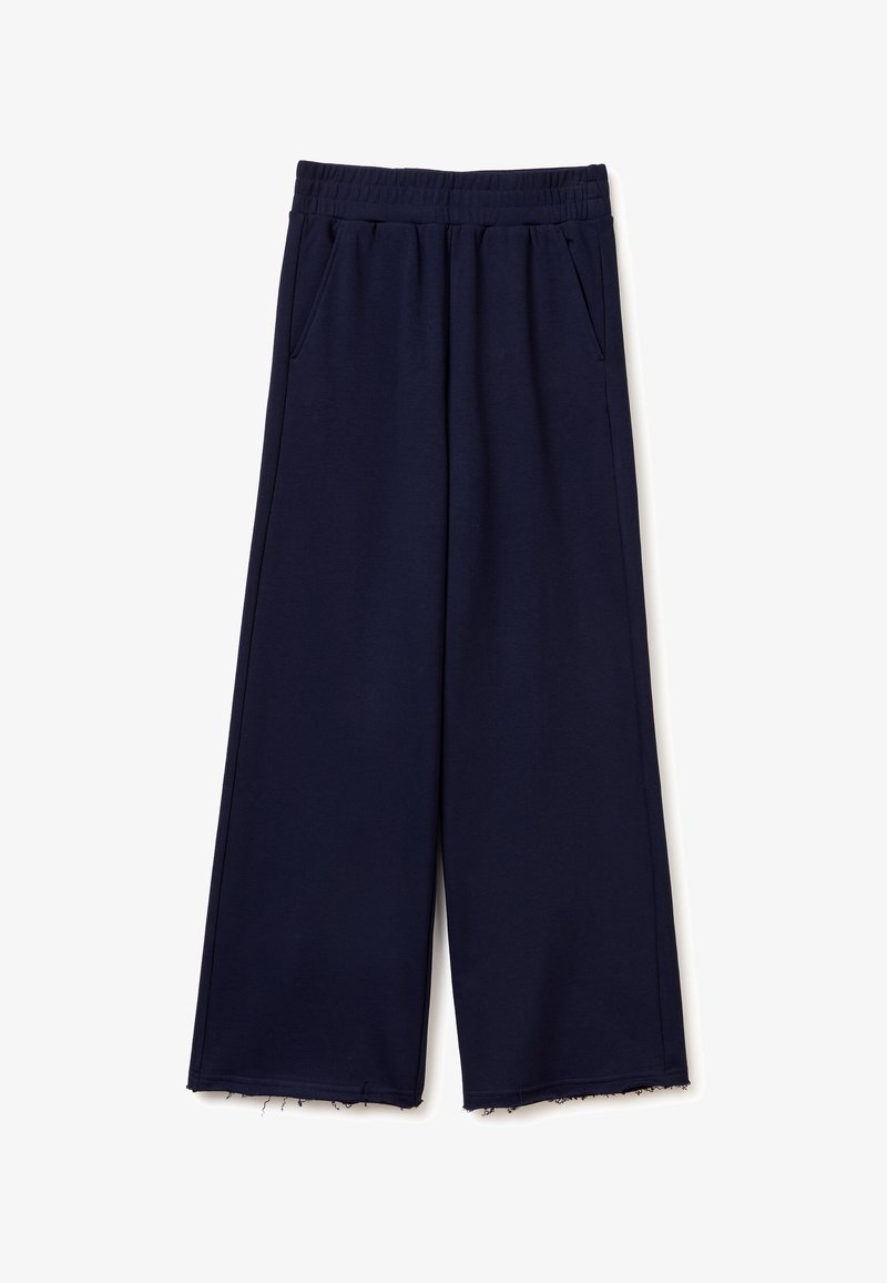 Granatowe spodnie o szerokich nogawkach z elastycznym pasem, bocznymi kieszeniami i wykończeniem z surowym brzegiem.
