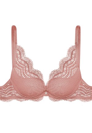 Różowy koronkowy stanik z falbankami, kropkowanym wzorem i regulowanymi ramiączkami. Miękka tekstura z centralnym ozdobnym akcentem.