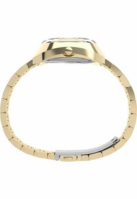 Gold-tone ur med metalrem og en kasse i kasseform. Inkluderer en rund urskive, krona og en foldespænde. Glatte led skaber et strømlinet udseende.