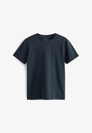 Mørkeblå kortærmet T-shirt lavet af bomuld, med rund halsudskæring og en glat, ensartet tekstur uden synlige mønstre eller designs.