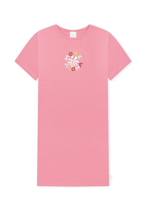 Pinkes kurzärmeliges Kleid mit Rundhalsausschnitt, auf der Brust mit einem mehrfarbigen, kreisförmigen "More Aloha"-Text und Blumenmotiv.