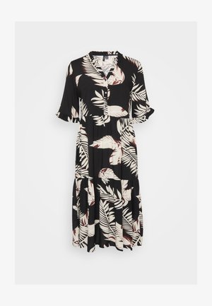 Abito nero con maniche corte, chiusura frontale a bottoni e gonna a strati. Presenta un motivo a foglie bianche e bordeaux su una texture di tessuto soffice.