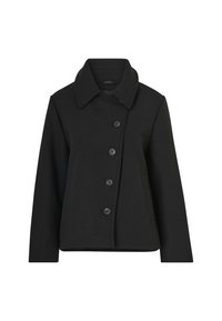 Manteau en mélange de laine noire avec un design structuré, grand col, fermeture bouton et deux poches latérales. Texture lisse et coupe cintrée.