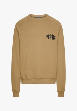 Brun bomulds sweatshirt med rund hals, raglanærmer, ribbede manchetter og et sort trykt logo på brystet. Glat tekstur.