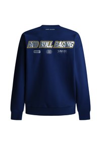 Sweatshirt bleu marine à manches longues avec l'inscription "RED BULL RACING" en graphismes jaunes et blancs au dos. Fabriqué en tissu texturé.