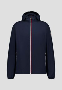 Marineblaue leichte Jacke mit Kapuze, durchgehendem Frontreißverschluss und elastischen Bündchen. Mit roten und weißen Akzentstreifen entlang des Reißverschlusses und der Taschen.