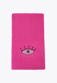 Sciarpa lavorata a maglia rosa con un motivo decorativo a occhio impreziosito da strass, texture a costine nella parte inferiore e superficie superiore liscia.
