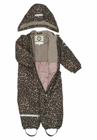 Leopardenmuster Schneeanzug in Braun und Beige, gepolstertes Material, mit Reißverschluss, Kapuze und Fußriemen. Innenfutter aus weichem beigem Stoff.