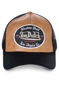 Casquette à panneau avant en suède marron avec des côtés en maille noire. Présente un logo noir rond, bordé de blanc, avec "VonDutch" et un texte supplémentaire. Visière noire.