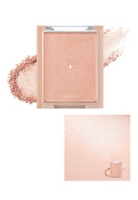 Roséguld highlighter i en klar rektangulär kompakt. Slät, skimrande puder med stjärnaccenter. Inkluderar en provswatch av produkten bredvid.