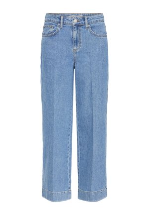 Jeans blu a vita alta con gamba dritta, tasche frontali, passanti per cintura, chiusura con bottone e dettagli di cuciture visibili su sfondo bianco.