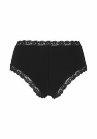 Svart bomullsunderkläder med spetsdetaljer vid midjan och benöppningarna. Slät textur med blomster-spetsmönster. Hög midja design.