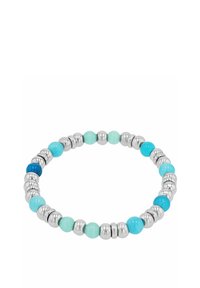 Bracciale elastico con perline rotonde in diverse tonalità di blu e verde, intervallate da perle metalliche argentate per un contrasto.