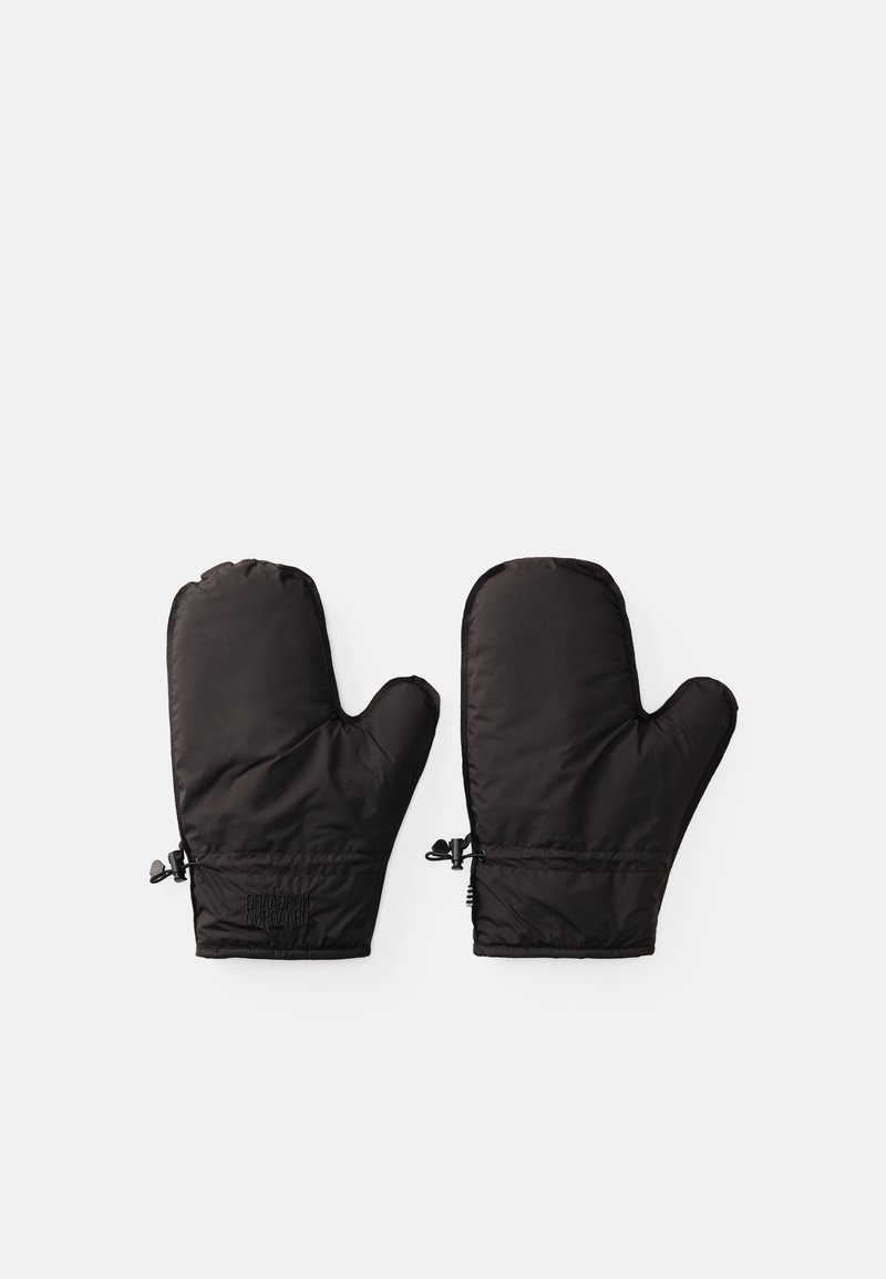 Sorte isolerede luffer med en glat overflade, elastiske manchetter og justerbare stropper for en sikker pasform. Designet til varme og funktionalitet.