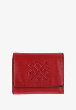 Portefeuille en cuir rouge avec un motif embossé, forme rectangulaire, coutures contrastées, et fermeture à rabat. Texture lisse, taille compacte.