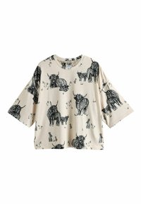 Tricou bej cu mâneci scurte, având schițe negre cu diferite animale, inclusiv vaci și iepuri, cu croială lejeră și decolteu rotund.