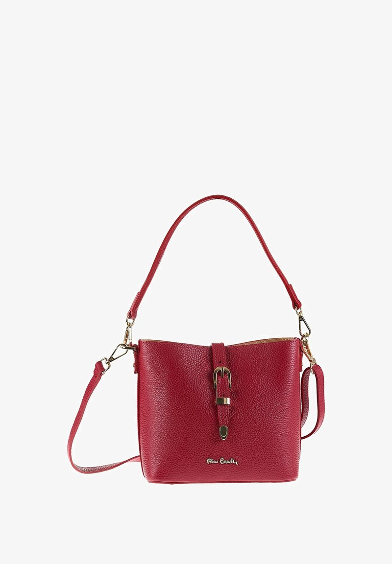 Red leather handbag with a textured finish, adjustable strap, buckle detail on the front, and gold-tone hardware accents.