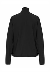 Giacca leggera nera con colletto alto, maniche lunghe e polsini elastici. Texture liscia e opaca, design minimalista senza chiusure visibili.