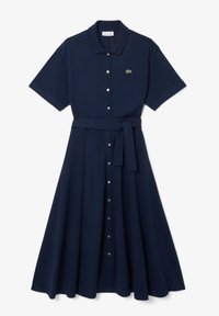 Abito camicia blu navy realizzato in tessuto morbido; presenta maniche corte, chiusura con bottoni, vita con cintura e gonna svasata.