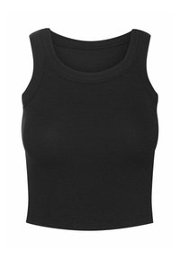 Black ribbed tank top with a round neckline, sleeveless design, and cropped length. Fabric texture appears smooth and stretchy.