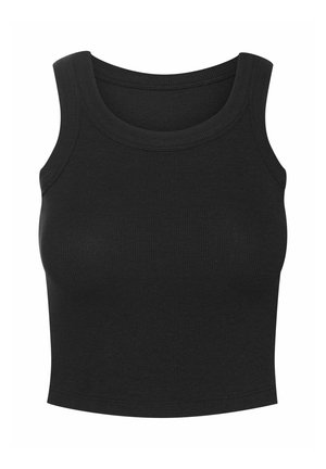 Czarny prążkowany top bez rękawów z okrągłym dekoltem i krótką długością. Tekstura tkaniny wydaje się gładka i elastyczna.