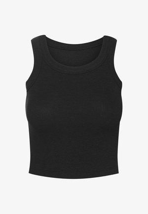 Czarny prążkowany top bez rękawów z okrągłym dekoltem i krótką długością. Tekstura tkaniny wydaje się gładka i elastyczna.