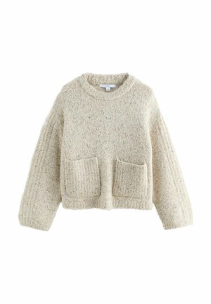 Beige knit sweater with a textured surface, featuring a round neckline, long sleeves, and two front pockets. Cropped design.