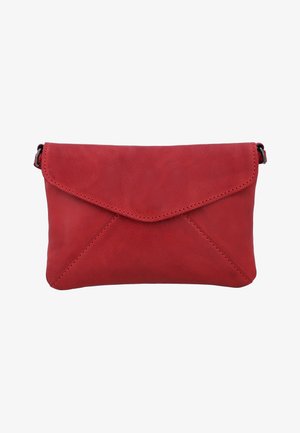 Rote Leder-Clutch im Umschlagstil mit Klappverschluss und sichtbaren Nähten auf weißem Hintergrund.