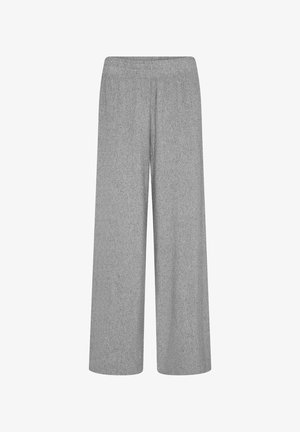 Gray wide-leg pants made from a textured fabric. The design features an elastic waistband and flowy silhouette, suitable for casual wear.