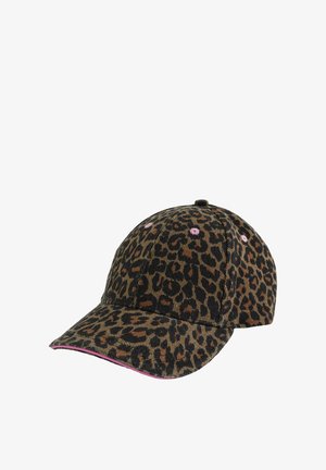 Baseballpet met luipaardprint met bruine en zwarte vlekken, roze geborduurde ventilatiegaatjes en een roze rand op de klep.