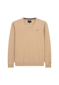 Beiger V-Ausschnitt-Pullover aus weichem Strickmaterial, mit langen Ärmeln, geripptem Saum und einem kleinen blauen Logo auf der Brust.