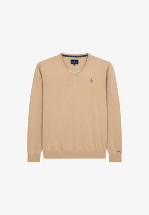 Beige v-hals trui gemaakt van zachte brei, met lange mouwen, een geribbelde zoom en een klein blauw logo op de borst.