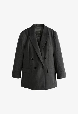 Dunkelgrau einreihiger Blazer mit feinen vertikalen Streifen, scharfen Revers und zwei Vordertaschen. Verfügt über schwarze Knöpfe und eine glatte Textur.