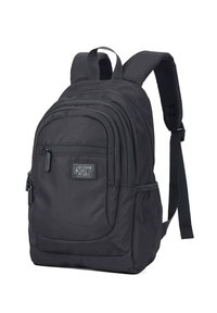 Zaino nero realizzato in tessuto resistente, dotato di numerosi scomparti con zip, spallacci imbottiti e un pannello posteriore testurizzato.
