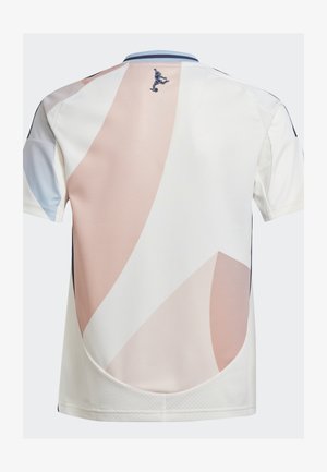 Kortärmad sporttrui in het wit, met abstracte patronen in perzik, lichtblauw en marineblauw. Inclusief een klein logo op de achterkant.