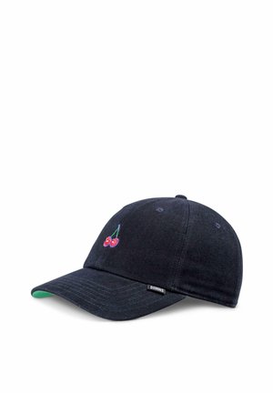 Dark blue baseball cap made of fabric with embroidered cherries on the front and a green accent under the visor. Adjustable strap at the back.