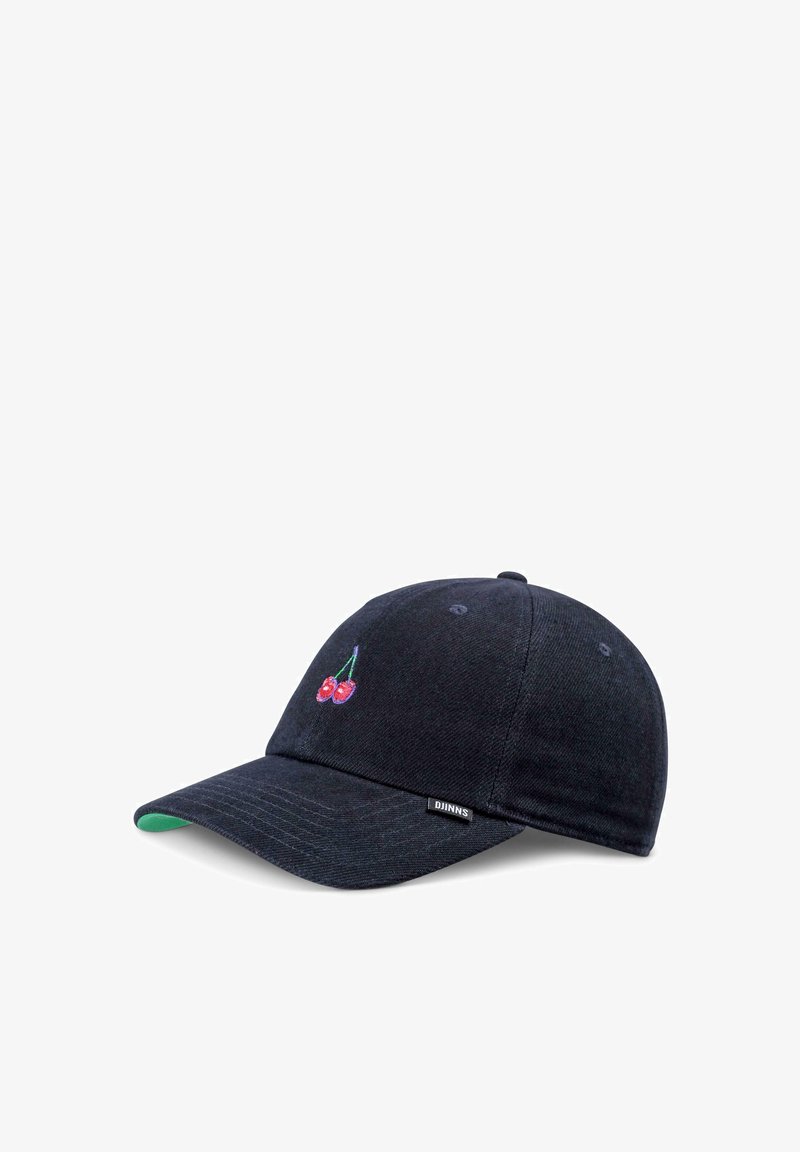 Dark blue baseball cap made of fabric with embroidered cherries on the front and a green accent under the visor. Adjustable strap at the back.