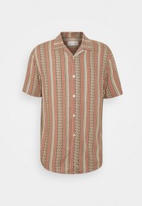 Kurzärmliges Hemd in Beige, mit vertikalen Streifen in Rot und Braun sowie geometrischen Mustern. Kragen und schlichte Knöpfe sind enthalten.