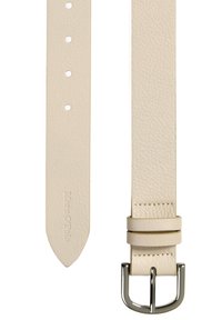 Leren riem in lichtbeige, met een gestructureerd oppervlak, afgeronde punt, meerdere gaten en een gepolijste zilveren metalen gesp met drie decoratieve ringen.