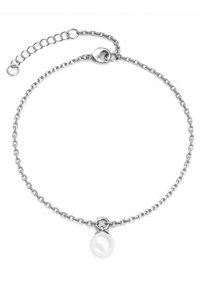 Bracciale in argento con un pendente centrale di una lucente perla bianca e una chiusura sicura con lunghezza regolabile.