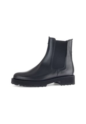 Botte Chelsea en cuir noir avec panneau latéral élastique et semelle robuste, conçue pour un usage décontracté ou semi-formel.