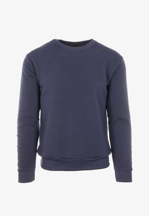 Felpa blu navy in cotone, con collo rotondo, maniche lunghe e polsini e orlo a coste. Texture liscia senza motivi.