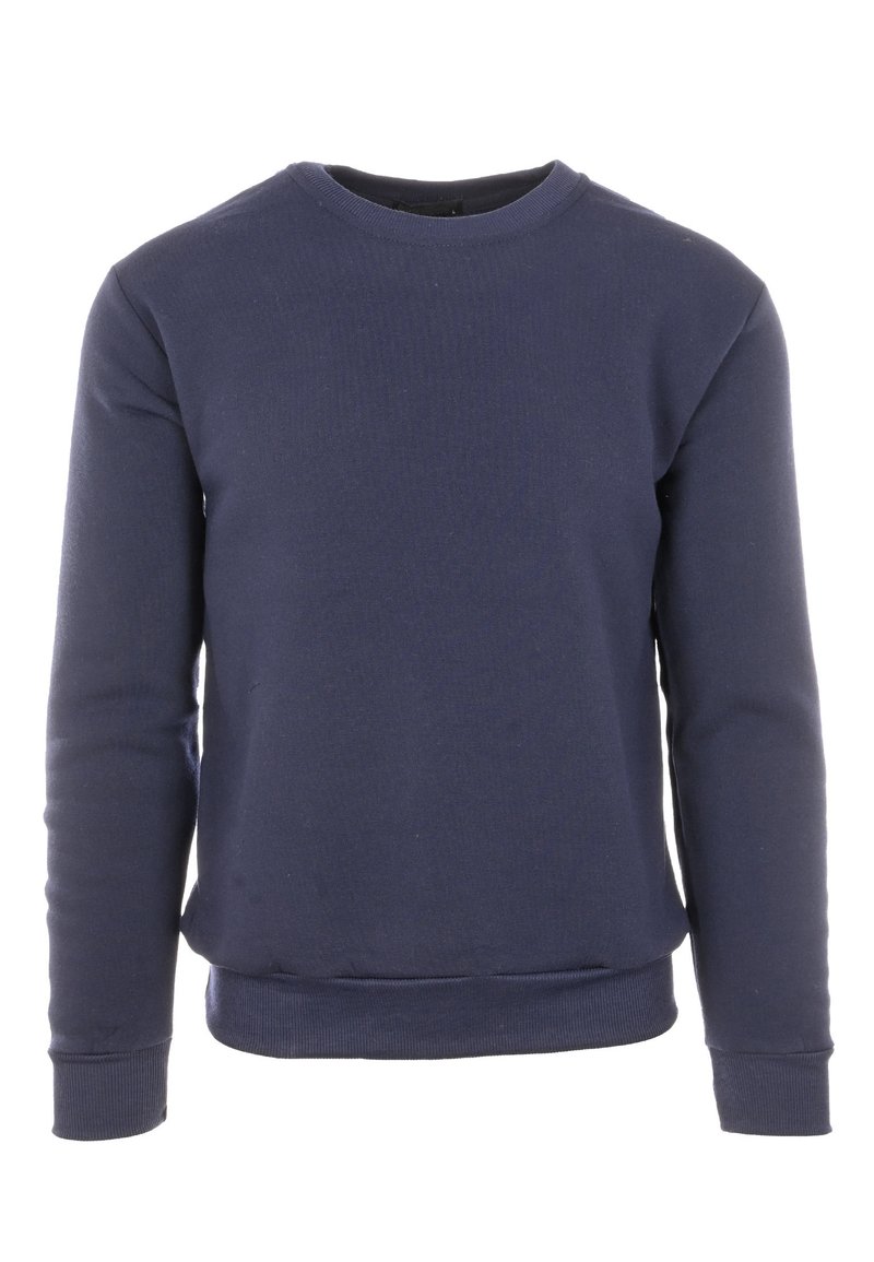 Felpa blu navy in cotone, con collo rotondo, maniche lunghe e polsini e orlo a coste. Texture liscia senza motivi.