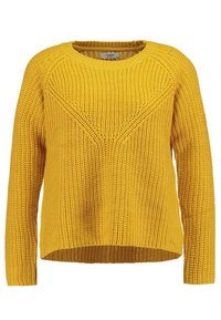 Gelber Strickpullover mit strukturiertem Muster, Rundhalsausschnitt, überschnittenen Schultern und lockerer Passform. Mit einem markanten dreieckigen Design über der Brust.