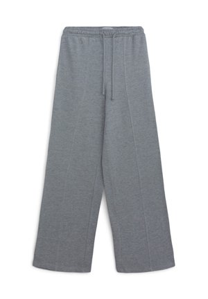 Pantaloni della tuta grigi realizzati in un tessuto morbido, con un design a gamba larga, vita elastica con cordino e due cuciture laterali per la struttura.