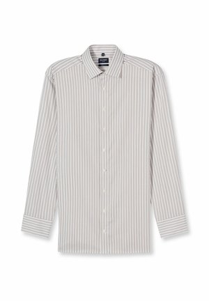 Long-sleeve button-up shirt with white base and thin vertical brown stripes, pointed collar, and buttoned cuffs.