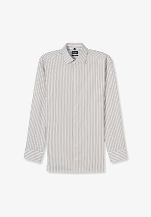 Long-sleeve button-up shirt with white base and thin vertical brown stripes, pointed collar, and buttoned cuffs.