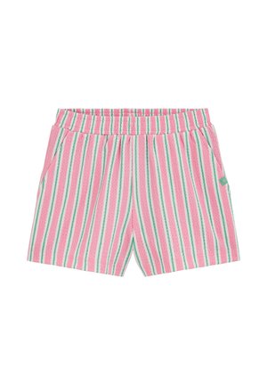 Roze-wit gestreepte shorts met groene verticale strepen, elastische tailleband en zijzakken, gemaakt van getextureerde stof.